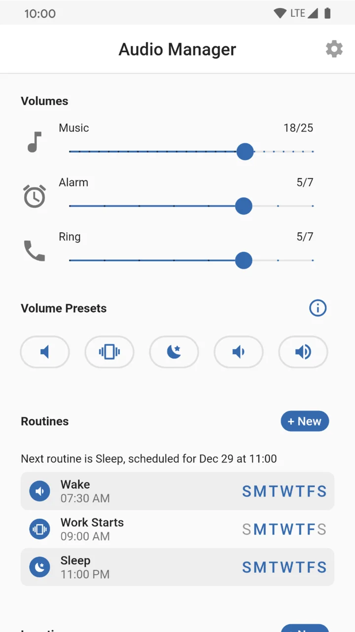 Audio Manager volume sliders, presets, and scheduled routines in light mode