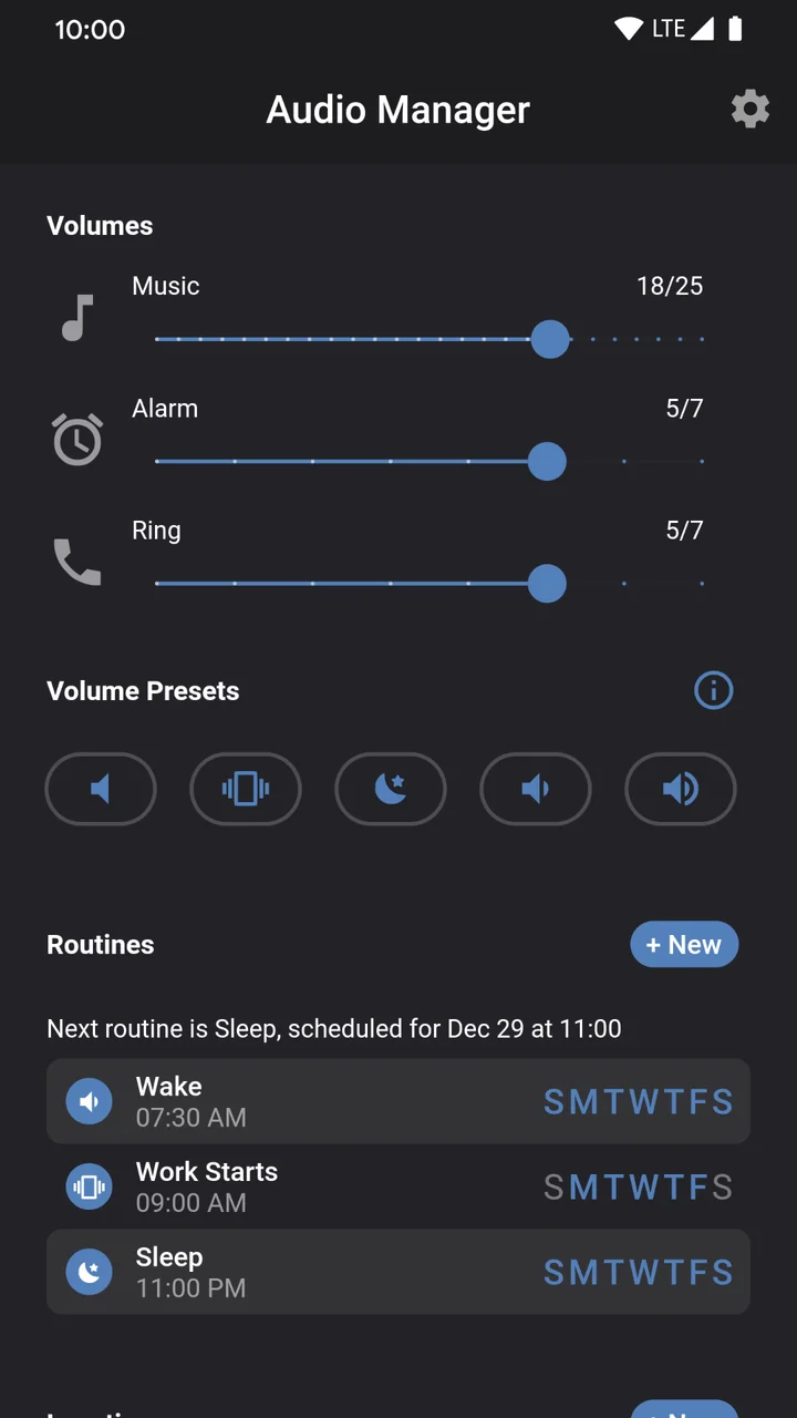 Audio Manager volume controls and scheduled routines in dark mode