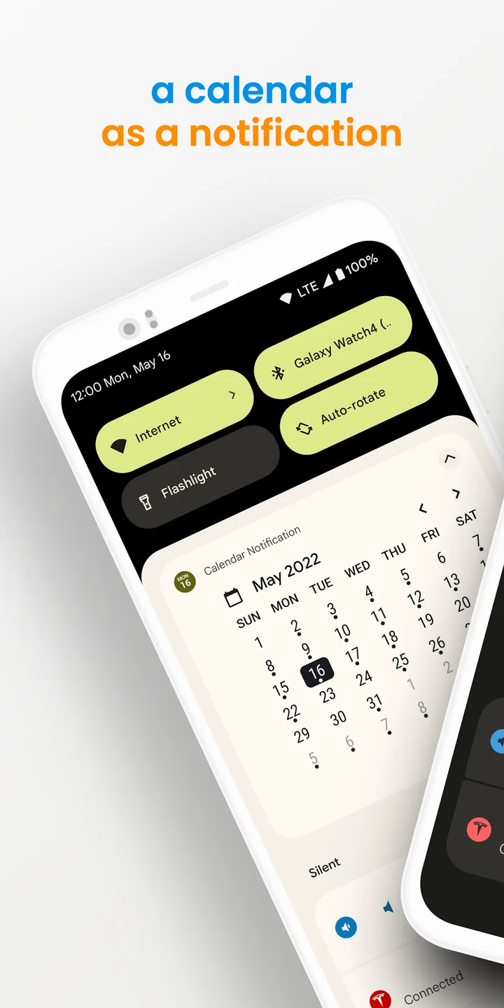 Calendar Notification month calendar in the Android notification shade
