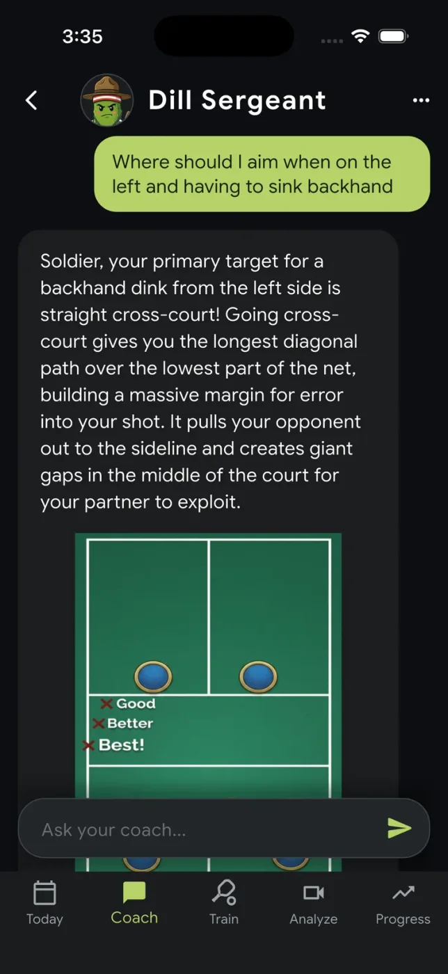 Coach Pickle chat with the Dill Sergeant and an illustrated backhand dink placement explanation