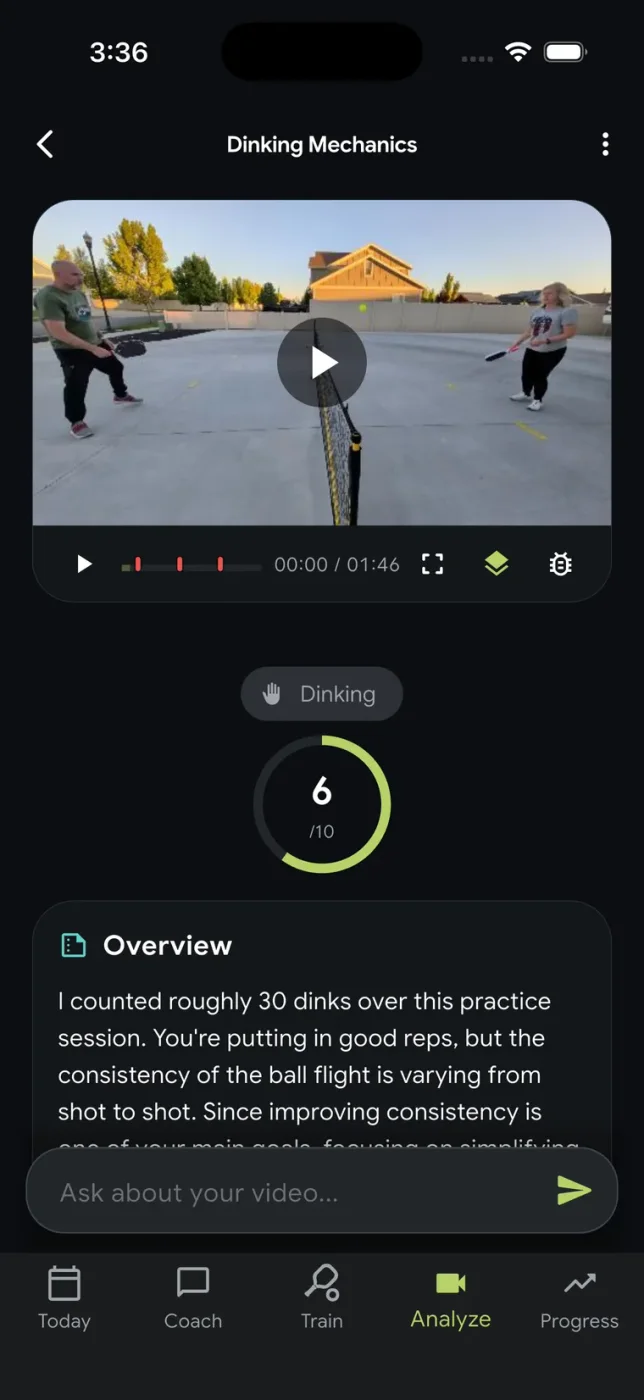 Coach Pickle video review with timeline markers, feedback, and follow-up questions