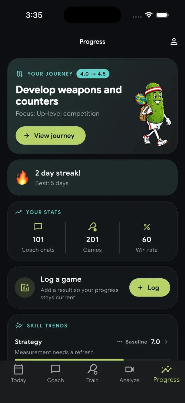 Coach Pickle progress view with a skill journey and coaching statistics