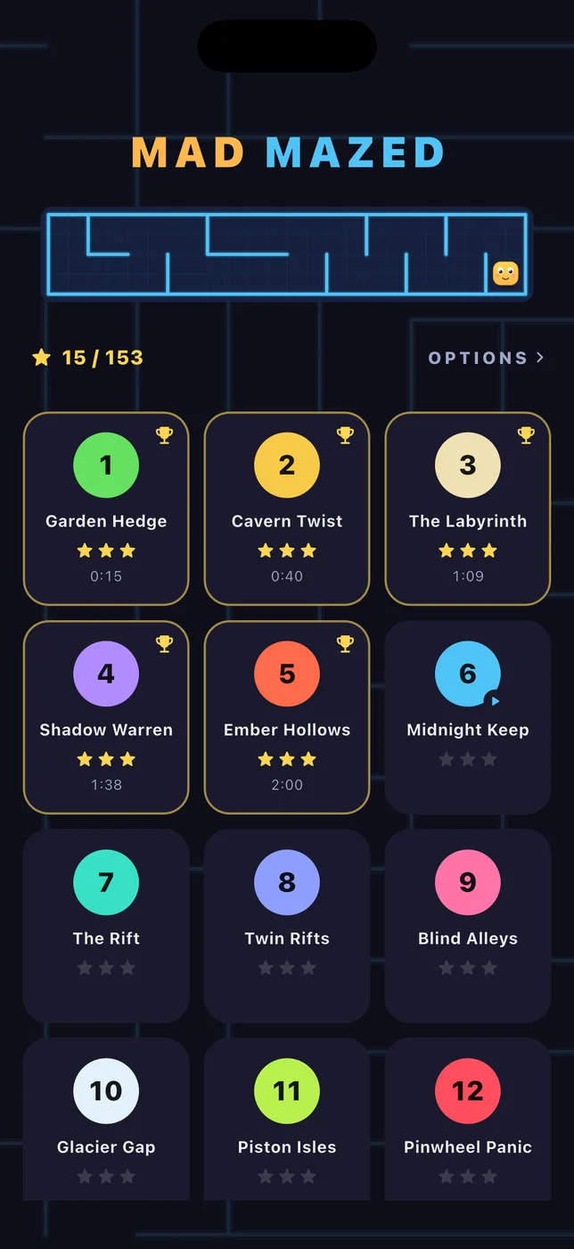 The Mad Mazed level selection screen with earned stars and personal best times