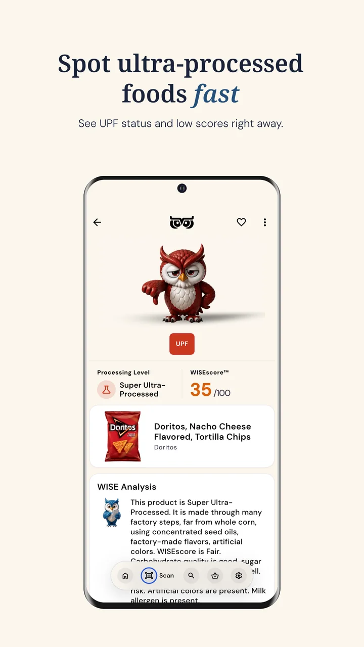 WISEcode product details showing processing level and ingredient analysis